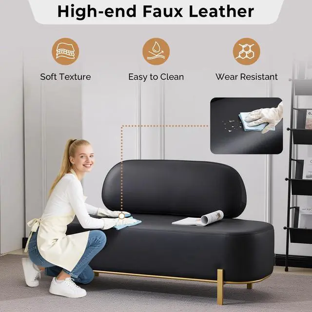 Alt view image 5 of 7 - Waiting Room Bench with Back, 55.1" Office Guest Chair, Faux Leather Upholstered Reception Seating, Lobby Bench for Beauty Salon Barbershop Airport Bank Hall Room Conference