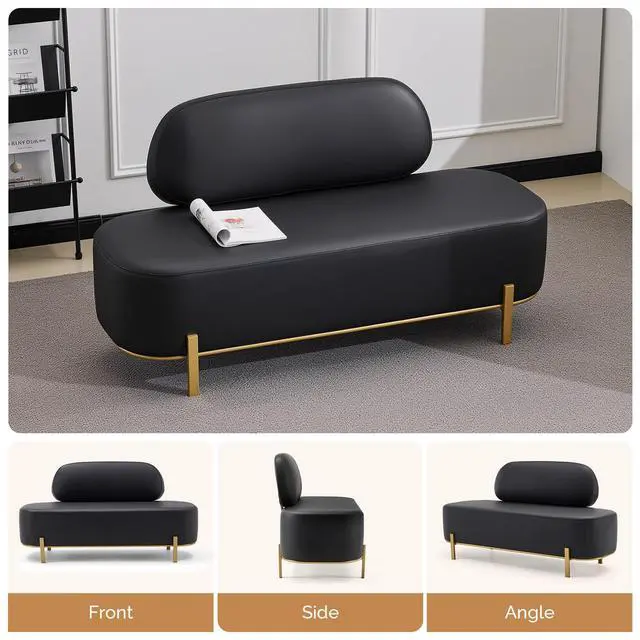 Alt view image 7 of 7 - Waiting Room Bench with Back, 55.1" Office Guest Chair, Faux Leather Upholstered Reception Seating, Lobby Bench for Beauty Salon Barbershop Airport Bank Hall Room Conference