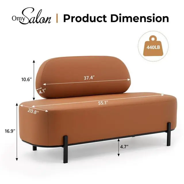 Alt view image 2 of 7 - Waiting Room Bench with Back, 55.1" Office Guest Chair, Faux Leather Upholstered Reception Seating, Lobby Bench for Beauty Salon Barbershop Airport Bank Hall Room Conference