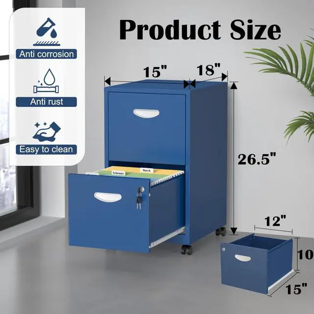 Alt view image 3 of 7 - 2 Drawer File Cabinet,Metal Mobile File Cabinet with Lock Blue | Filing Cabinet with Wheel,Vertical File Cabinet for Home Office,Under Desk Rolling File Cabinets for Hanging Letter/A4