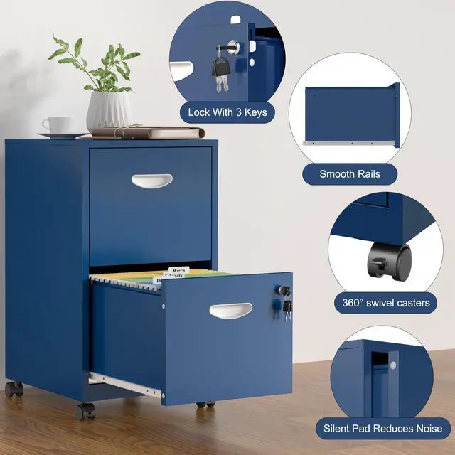 Alt view image 4 of 7 - 2 Drawer File Cabinet,Metal Mobile File Cabinet with Lock Blue | Filing Cabinet with Wheel,Vertical File Cabinet for Home Office,Under Desk Rolling File Cabinets for Hanging Letter/A4