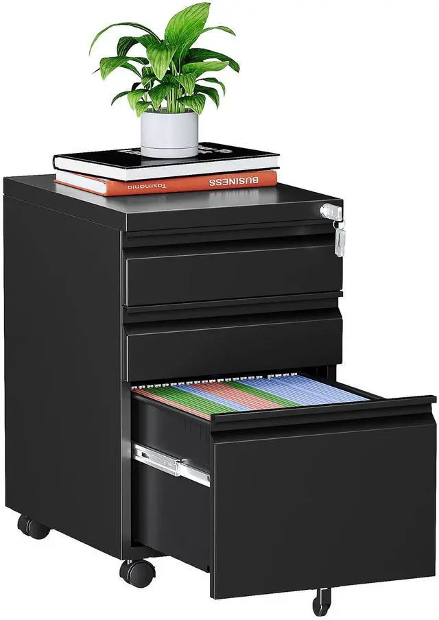 Main image of 3 Drawer File Cabinet on Wheels, Home Office Mobile File Cabinet Under Desk, Full Assembled Metal Filing Cabinets with Lock for Legal/Letter/A4 File Folders