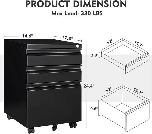 Alt view image 3 of 6 - 3 Drawer File Cabinet on Wheels, Home Office Mobile File Cabinet Under Desk, Full Assembled Metal Filing Cabinets with Lock for Legal/Letter/A4 File Folders