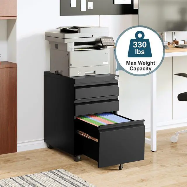 Alt view image 4 of 6 - 3 Drawer File Cabinet on Wheels, Home Office Mobile File Cabinet Under Desk, Full Assembled Metal Filing Cabinets with Lock for Legal/Letter/A4 File Folders