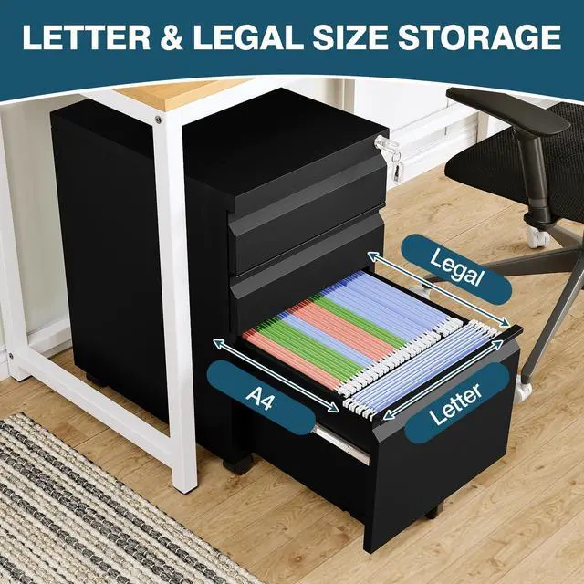 Alt view image 5 of 6 - 3 Drawer File Cabinet on Wheels, Home Office Mobile File Cabinet Under Desk, Full Assembled Metal Filing Cabinets with Lock for Legal/Letter/A4 File Folders