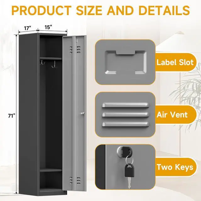 Alt view image 2 of 7 - 71'' Metal Locker with Keys for School,Gym,3 Tier Steel Office Storage Locker with Hook,Tall Cabinet for Employees,Light Gauge,Assembly Required (BlackGray, 1-Door)