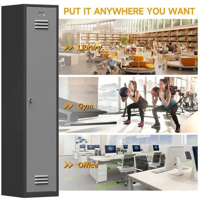 Alt view image 4 of 7 - 71'' Metal Locker with Keys for School,Gym,3 Tier Steel Office Storage Locker with Hook,Tall Cabinet for Employees,Light Gauge,Assembly Required (BlackGray, 1-Door)