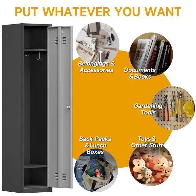 Alt view image 3 of 7 - 71'' Metal Locker with Keys for School,Gym,3 Tier Steel Office Storage Locker with Hook,Tall Cabinet for Employees,Light Gauge,Assembly Required (BlackGray, 1-Door)