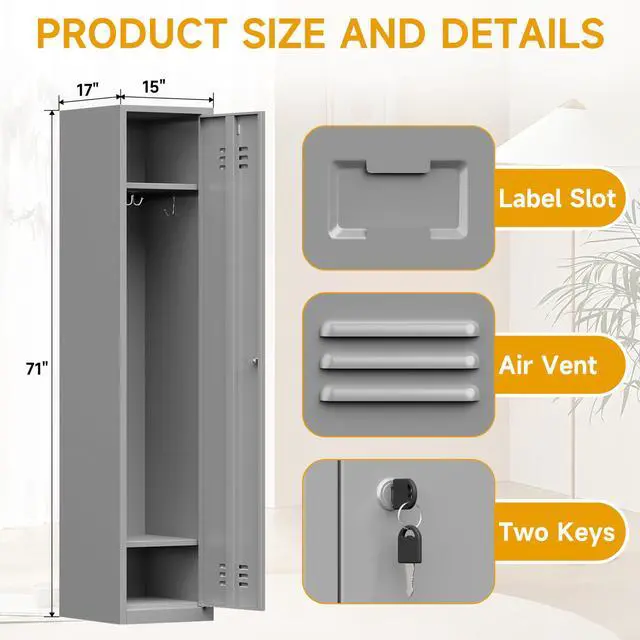 Alt view image 2 of 7 - 71'' Metal Locker with Keys for School,Gym,3 Tier Steel Office Storage Locker with Hook,Tall Cabinet for Employees,Light Gauge,Assembly Required(Gray, 1-Door)