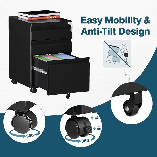 Alt view image 6 of 6 - 3 Drawer File Cabinet on Wheels, Home Office Mobile File Cabinet Under Desk, Full Assembled Metal Filing Cabinets with Lock for Legal/Letter/A4 File Folders