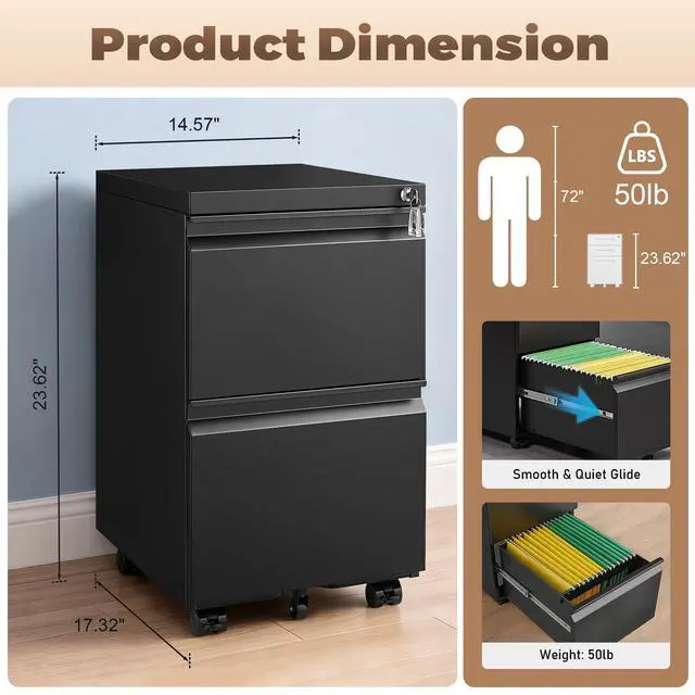 Alt view image 3 of 7 - 2 Drawer Metal File Cabinet, Fully Assembled Locking Filing Cabinet with Anti-Tipping Wheels, Quiet Slide, Heavy-Duty Steel Construction, Fits A4 Letter Legal for Home Office, Matte Black