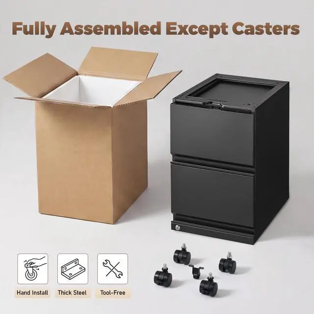 Alt view image 4 of 7 - 2 Drawer Metal File Cabinet, Fully Assembled Locking Filing Cabinet with Anti-Tipping Wheels, Quiet Slide, Heavy-Duty Steel Construction, Fits A4 Letter Legal for Home Office, Matte Black
