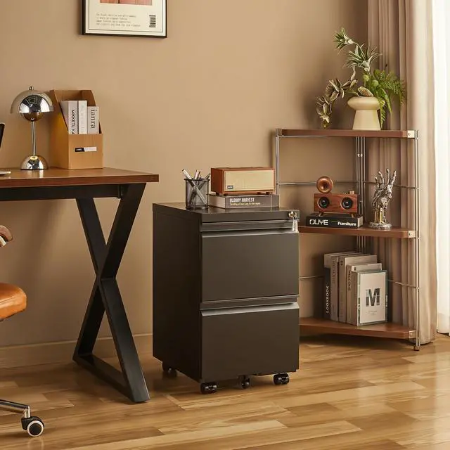 Alt view image 2 of 7 - 2 Drawer Metal File Cabinet, Fully Assembled Locking Filing Cabinet with Anti-Tipping Wheels, Quiet Slide, Heavy-Duty Steel Construction, Fits A4 Letter Legal for Home Office, Matte Black