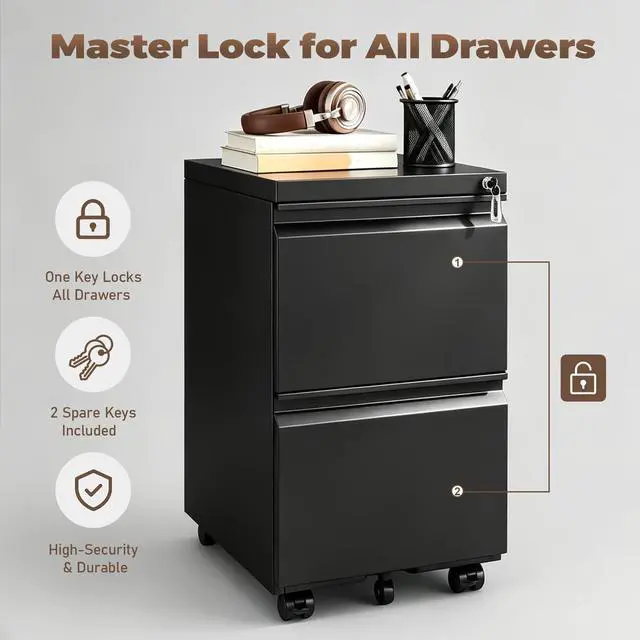 Alt view image 7 of 7 - 2 Drawer Metal File Cabinet, Fully Assembled Locking Filing Cabinet with Anti-Tipping Wheels, Quiet Slide, Heavy-Duty Steel Construction, Fits A4 Letter Legal for Home Office, Matte Black