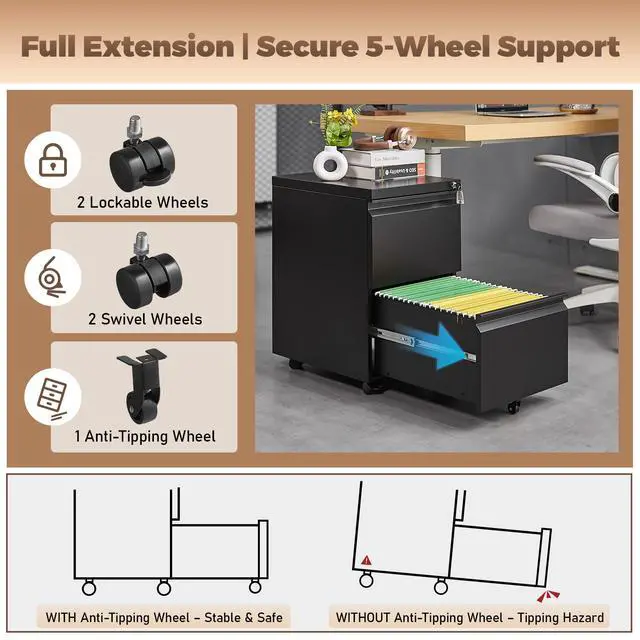 Alt view image 5 of 7 - 2 Drawer Metal File Cabinet, Fully Assembled Locking Filing Cabinet with Anti-Tipping Wheels, Quiet Slide, Heavy-Duty Steel Construction, Fits A4 Letter Legal for Home Office, Matte Black