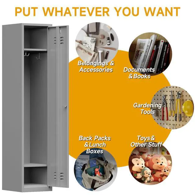 Alt view image 3 of 7 - 71'' Metal Locker with Keys for School,Gym,3 Tier Steel Office Storage Locker with Hook,Tall Cabinet for Employees,Light Gauge,Assembly Required(Gray, 1-Door)