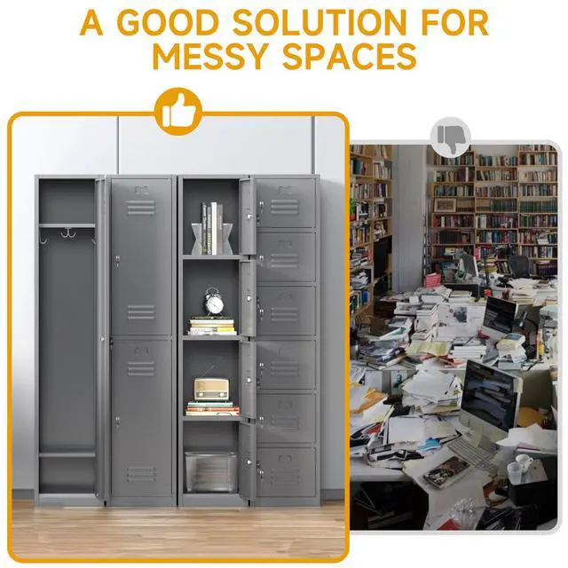 Alt view image 6 of 7 - 71'' Metal Locker with Keys for School,Gym,3 Tier Steel Office Storage Locker with Hook,Tall Cabinet for Employees,Light Gauge,Assembly Required(Gray, 1-Door)