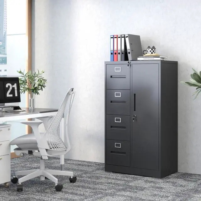 Alt view image 2 of 7 - 4 Drawer Black File Cabinet with 1 Door,Metal Storage Locker Cabinets | Home Office Employee Locker Steel Lockable Filing Cabinets for Legal/Letter Size Files, Assembly Required