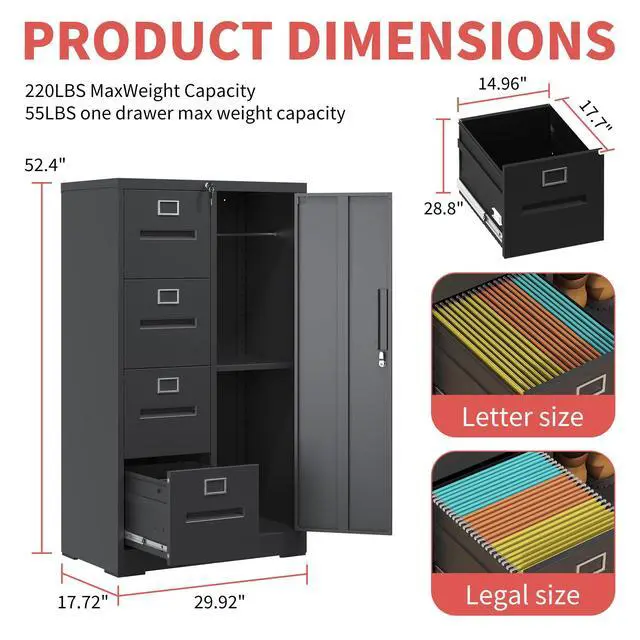 Alt view image 3 of 7 - 4 Drawer Black File Cabinet with 1 Door,Metal Storage Locker Cabinets | Home Office Employee Locker Steel Lockable Filing Cabinets for Legal/Letter Size Files, Assembly Required