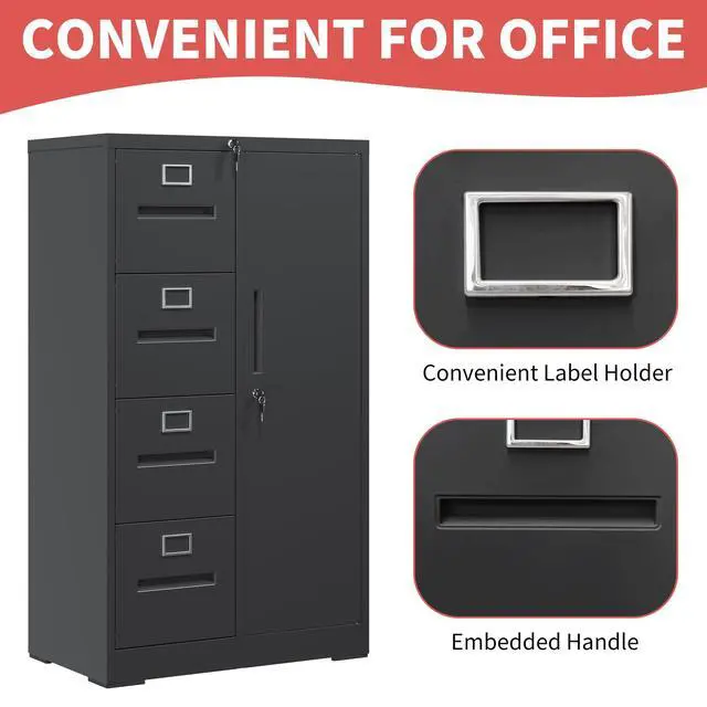 Alt view image 5 of 7 - 4 Drawer Black File Cabinet with 1 Door,Metal Storage Locker Cabinets | Home Office Employee Locker Steel Lockable Filing Cabinets for Legal/Letter Size Files, Assembly Required