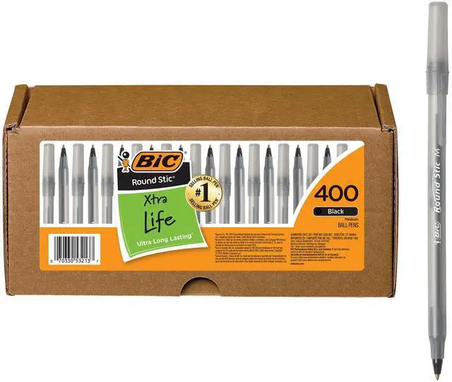 Main image of Round Stic Xtra Life Black Ballpoint Pens, Medium Point, 400-Count | 1.0mm Tip Size, Flexible Round Barrel, Comfortable Writing, No. 1 Selling, Smooth Ink Flow, Reliable Everyday Performance