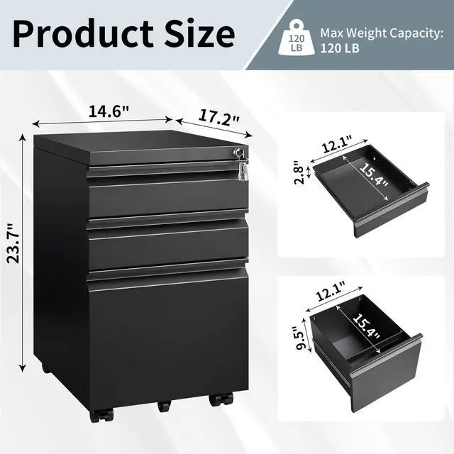 Alt view image 3 of 7 - 3 Drawer File Cabinet for Home Office, Under Desk Mobile Filing Cabinet with Lock for A4-Size/Letter-Size/Legal-Size, Black (HSEJ-3D)