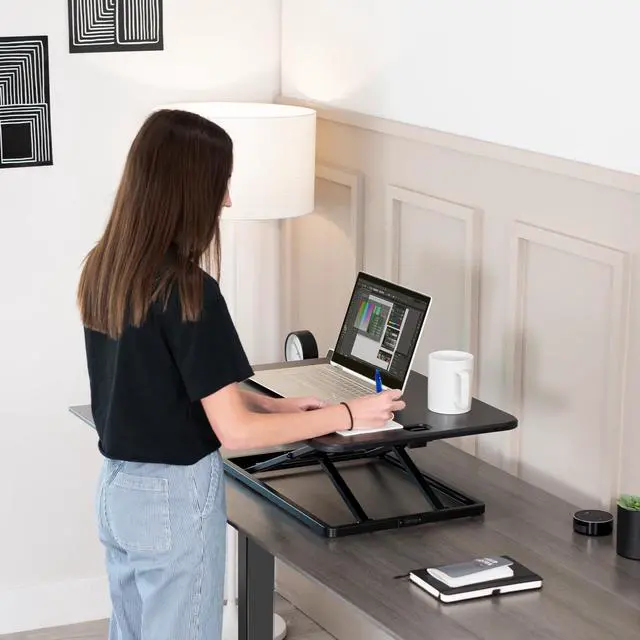 Alt view image 5 of 7 - Ultra-Slim Single Top Height Adjustable Standing Desk Riser, Compact Sit Stand Desktop Converter for Monitor or Laptop, Black, DESK-V001J