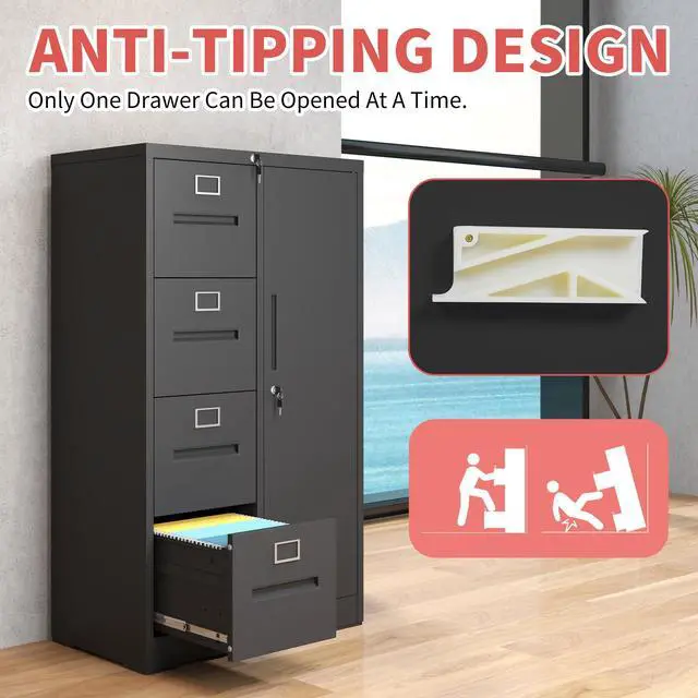 Alt view image 6 of 7 - 4 Drawer Black File Cabinet with 1 Door,Metal Storage Locker Cabinets | Home Office Employee Locker Steel Lockable Filing Cabinets for Legal/Letter Size Files, Assembly Required