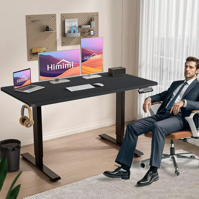 Alt view image 2 of 7 - Hmimi 63'' ×24'' Height Adjustable Electric Standing Desk | Lockable Wheels, 4 Memory Presets, 2 Cable Holes, 2 Hooks, Free 40''×18'' Mouse Pad, Anti-Collision System, Black