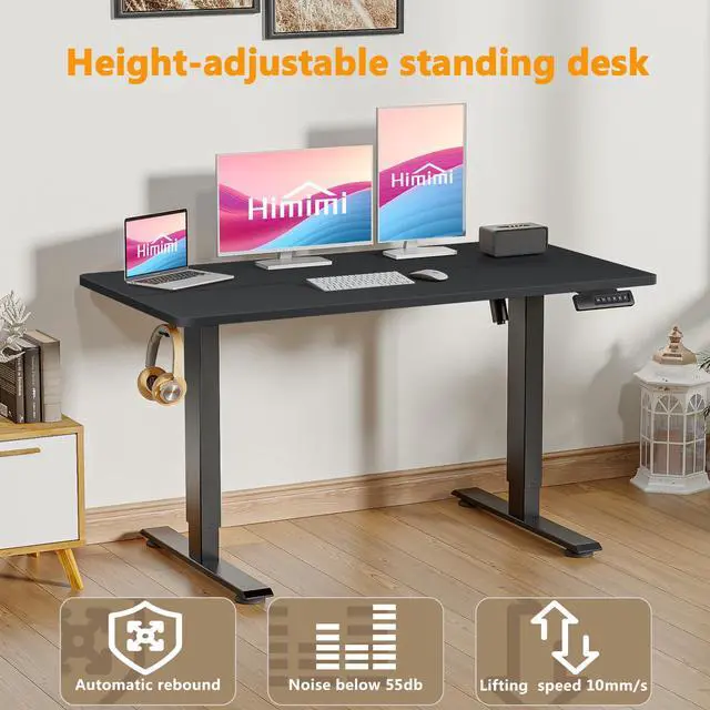 Alt view image 4 of 7 - Hmimi 48'' ×24'' Height Adjustable Electric Standing Desk | Lockable Wheels, 4 Memory Presets, 2 Cable Holes, 2 Hooks, Anti-Collision System, Alloy Steel Frame, Black