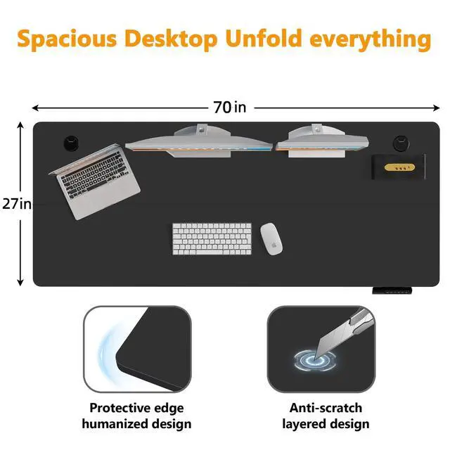 Alt view image 3 of 7 - Hmimi 71'' ×28'' Large Height Adjustable Electric Standing Desk | Lockable Wheels, 4 Memory Presets, 2 Cable Holes, 2 Hooks, Free 40''×18'' Mouse Pad, Anti-Collision System, Black