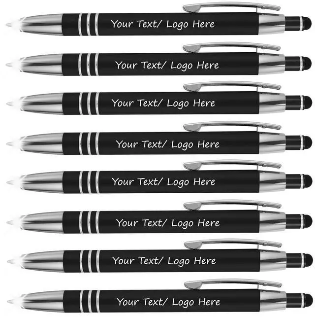Main image of Promotional Pens with your Personalized Text or Custom Business Logo- Bulk 100 Pack- 3 in 1 Rubberized Metal Luxury Ballpoint Pens + LED Night Writer Flashlight + Stylus for Touchscreens, Black