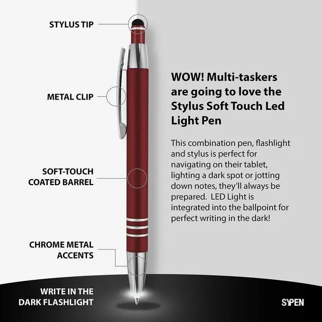 Alt view image 2 of 6 - Promotional Pens with your Personalized Text or Custom Business Logo- Bulk 100 Pack- 3 in 1 Rubberized Metal Luxury Ballpoint Pens + LED Night Writer Flashlight + Stylus for Touchscreens, Black