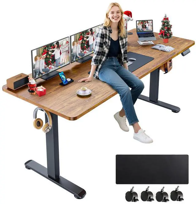 Main image of Electric Standing Desk Adjustable Height, 71 x 28 Inch Sit Stand up Desk with Large Mouse Pad, Double Metal Hook,4 Wheels,4 Memory Preset Heights Home Office Computer DeskBrown