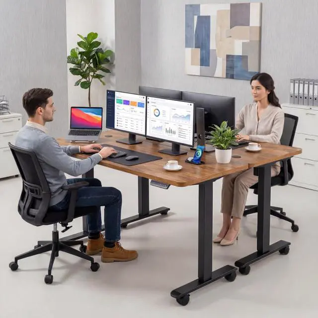 Alt view image 2 of 7 - Electric Standing Desk Adjustable Height, 71 x 28 Inch Sit Stand up Desk with Large Mouse Pad, Double Metal Hook,4 Wheels,4 Memory Preset Heights Home Office Computer DeskBrown