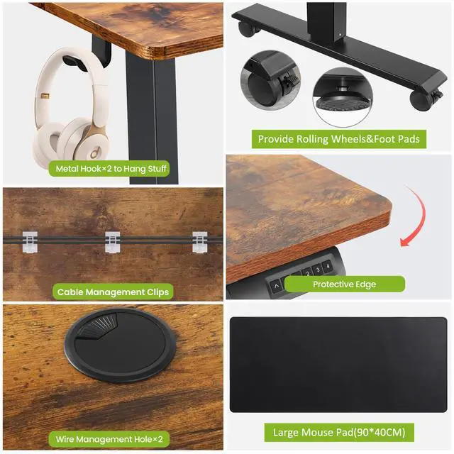 Alt view image 4 of 7 - Electric Standing Desk Adjustable Height, 71 x 28 Inch Sit Stand up Desk with Large Mouse Pad, Double Metal Hook,4 Wheels,4 Memory Preset Heights Home Office Computer DeskBrown