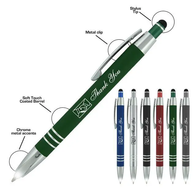 Alt view image 4 of 6 - Promotional Pens with your Personalized Text or Custom Business Logo- Bulk 100 Pack- 3 in 1 Rubberized Metal Luxury Ballpoint Pens + LED Night Writer Flashlight + Stylus for Touchscreens, Black