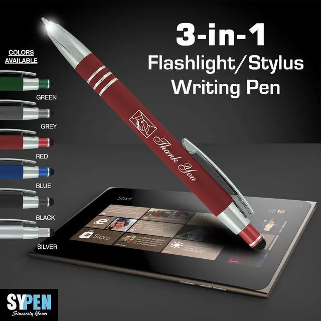 Alt view image 3 of 6 - Promotional Pens with your Personalized Text or Custom Business Logo- Bulk 100 Pack- 3 in 1 Rubberized Metal Luxury Ballpoint Pens + LED Night Writer Flashlight + Stylus for Touchscreens, Black
