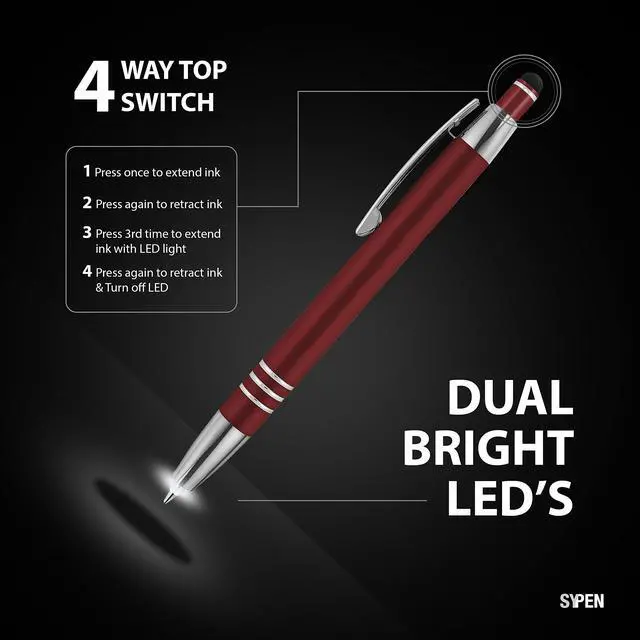 Alt view image 5 of 6 - Promotional Pens with your Personalized Text or Custom Business Logo- Bulk 100 Pack- 3 in 1 Rubberized Metal Luxury Ballpoint Pens + LED Night Writer Flashlight + Stylus for Touchscreens, Black