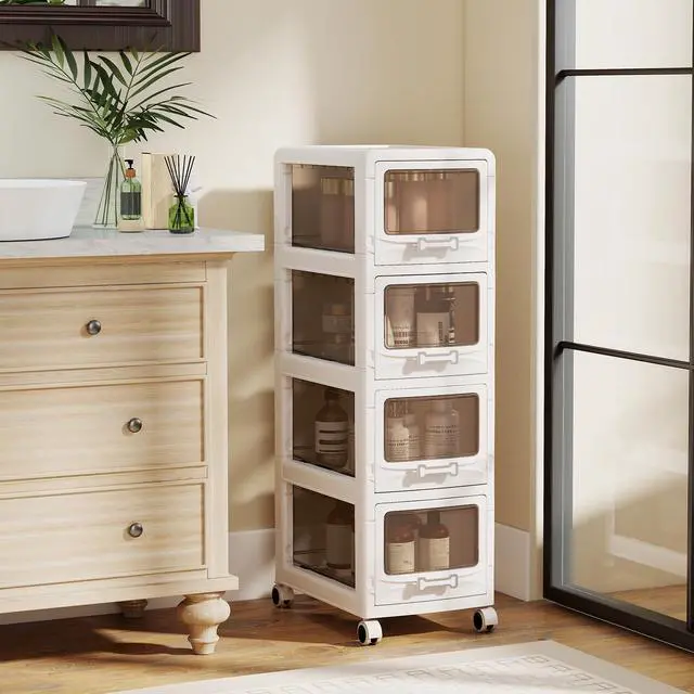 Alt view image 2 of 7 - 4-Tier Rolling Storage Cart, Utility Cart with 4 Drawers & Lockable Wheels for School Art Craft Supplies, Plastic Organizer and Storage for Kitchen, Bedroom and Home Office