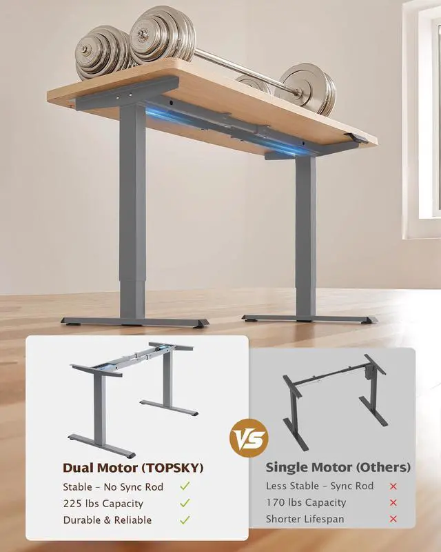 Alt view image 3 of 7 - Dual Motor Standing Desk Frame, 225 lbs Capacity, Gray | Dual motors, 225 lb capacity, memory presets, anti-collision Height 27.6"-47.3", width 43"-59"