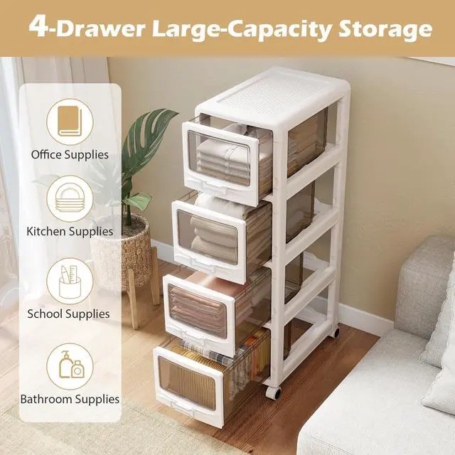 Alt view image 5 of 7 - 4-Tier Rolling Storage Cart, Utility Cart with 4 Drawers & Lockable Wheels for School Art Craft Supplies, Plastic Organizer and Storage for Kitchen, Bedroom and Home Office