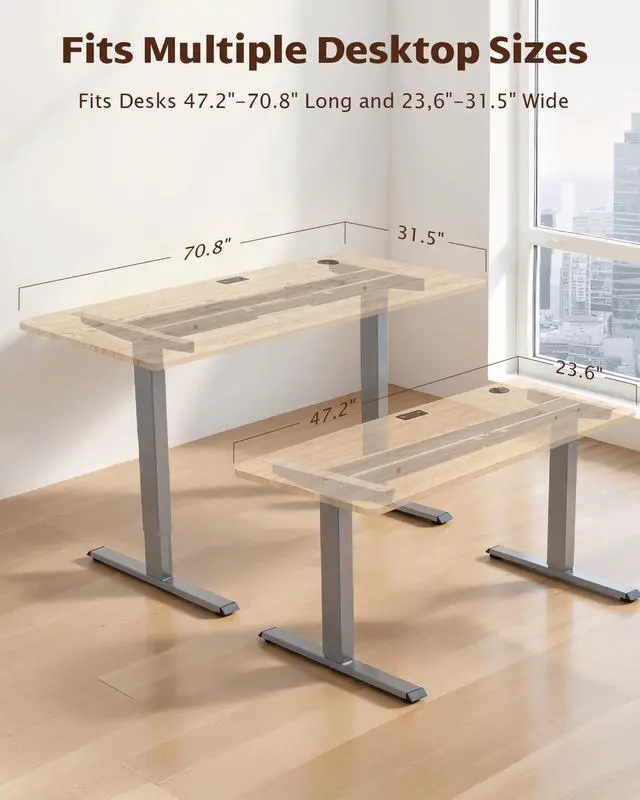 Alt view image 2 of 7 - Dual Motor Standing Desk Frame, 225 lbs Capacity, Gray | Dual motors, 225 lb capacity, memory presets, anti-collision Height 27.6"-47.3", width 43"-59"