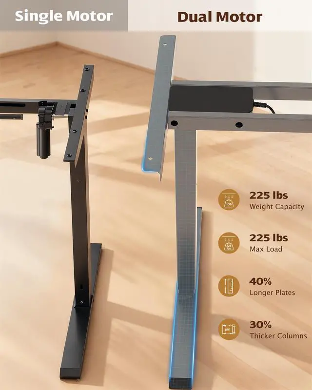 Alt view image 5 of 7 - Dual Motor Standing Desk Frame, 225 lbs Capacity, Gray | Dual motors, 225 lb capacity, memory presets, anti-collision Height 27.6"-47.3", width 43"-59"