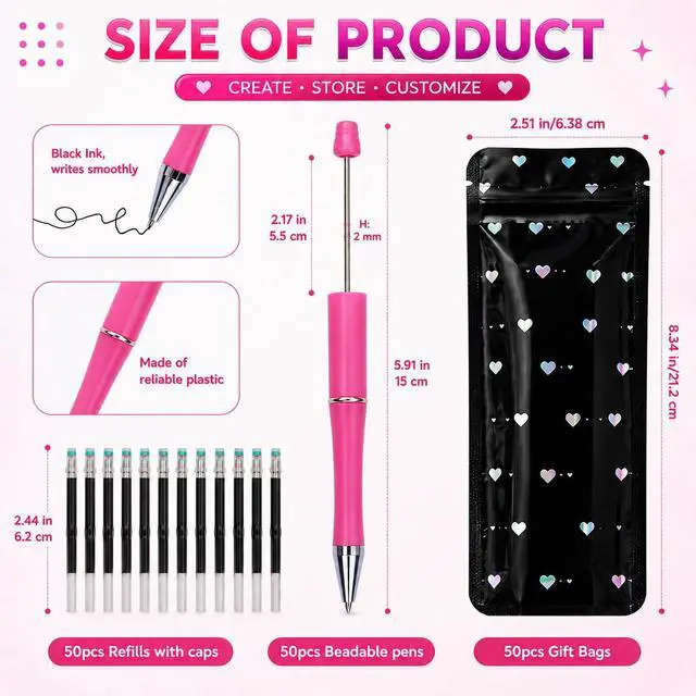 Alt view image 5 of 7 - 150 Pcs Beadable Pen Kit, Multicolor DIY Craft Pens with Refills & Bags | 50 Ballpoint Pens+50 Refills+50 Bags-Gift for Students & Teachers,School Supplies,Office Accessories (Beads Not Included)