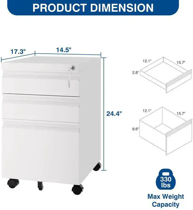 Alt view image 2 of 6 - 3 Drawer Mobile Metal File Cabinet, White Filling Cabinets with Lock, Pre-Built Office Storage File Cabinet with Wheels Under Desk - Assembled Required