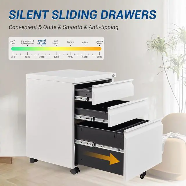 Alt view image 4 of 6 - 3 Drawer Mobile Metal File Cabinet, White Filling Cabinets with Lock, Pre-Built Office Storage File Cabinet with Wheels Under Desk - Assembled Required