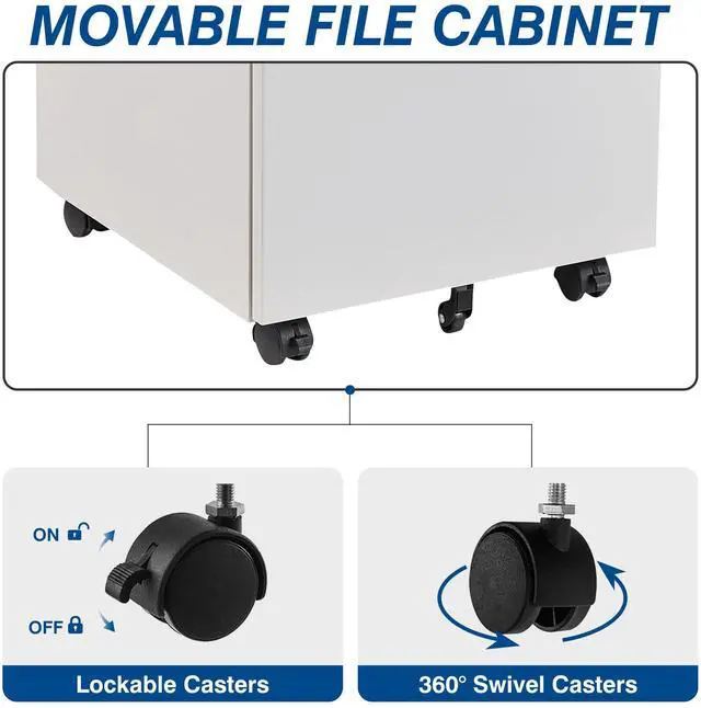Alt view image 5 of 6 - 3 Drawer Mobile Metal File Cabinet, White Filling Cabinets with Lock, Pre-Built Office Storage File Cabinet with Wheels Under Desk - Assembled Required