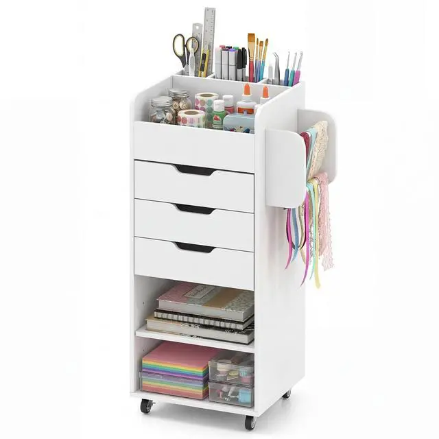 Main image of Craft Storage Cart - Utility Organizer Cart with 3 Drawers, 3 Shelves, 3 Slotted Compartments, 2 Rolling Rods, Crafting Sewing Cabinet on Wheels for Wrapping Paper Scrapbook Ribbon (White)