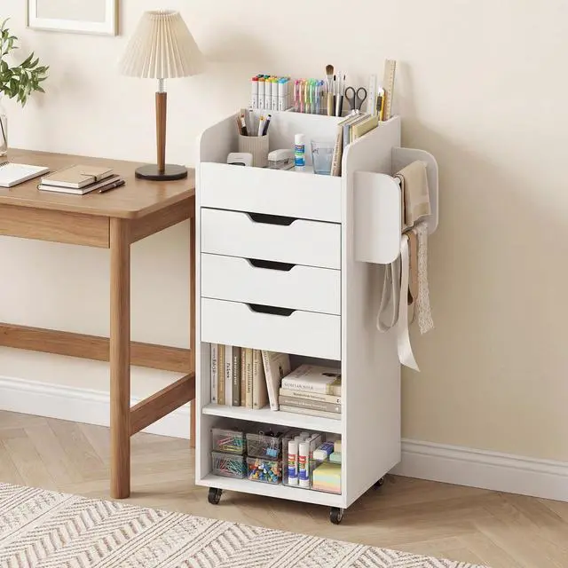 Alt view image 3 of 7 - Craft Storage Cart - Utility Organizer Cart with 3 Drawers, 3 Shelves, 3 Slotted Compartments, 2 Rolling Rods, Crafting Sewing Cabinet on Wheels for Wrapping Paper Scrapbook Ribbon (White)